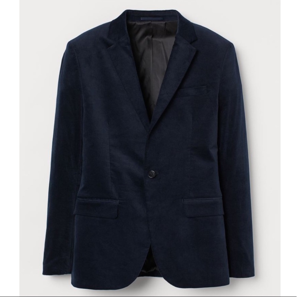 H&M Men’s Skinny Fit Navy Blue Velvet Blazer 48R